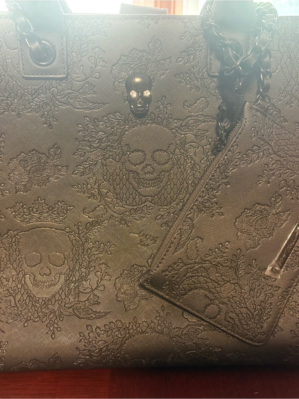 π Betsey Johnson Black Embossed Skull Tote & Pouch Set π - Picture 3 of 11
